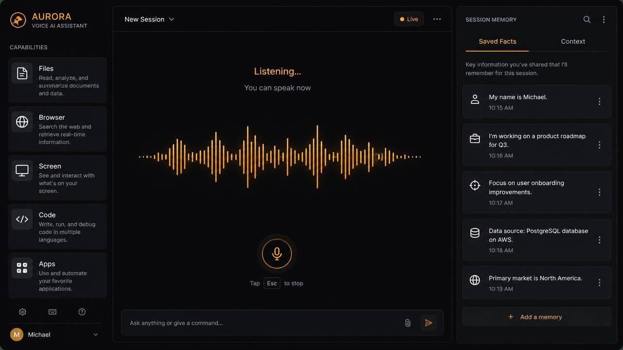 Voice assistant interface showing a live audio waveform, a sidebar of tool capabilities for files, browser, screen, code and apps, and a session memory panel of saved facts.