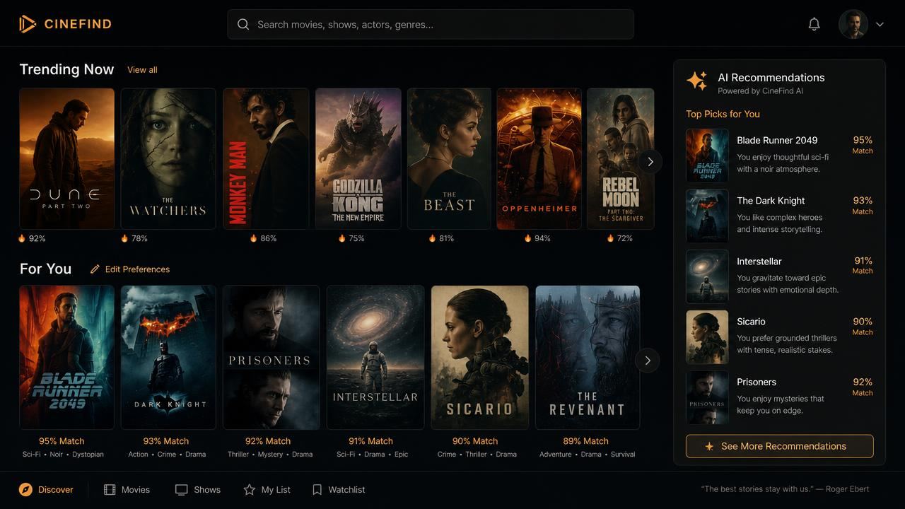 LumoroX discovery interface with a search bar, trending and personalised movie poster rails, and an AI recommendations panel giving a short reason and match score per title.