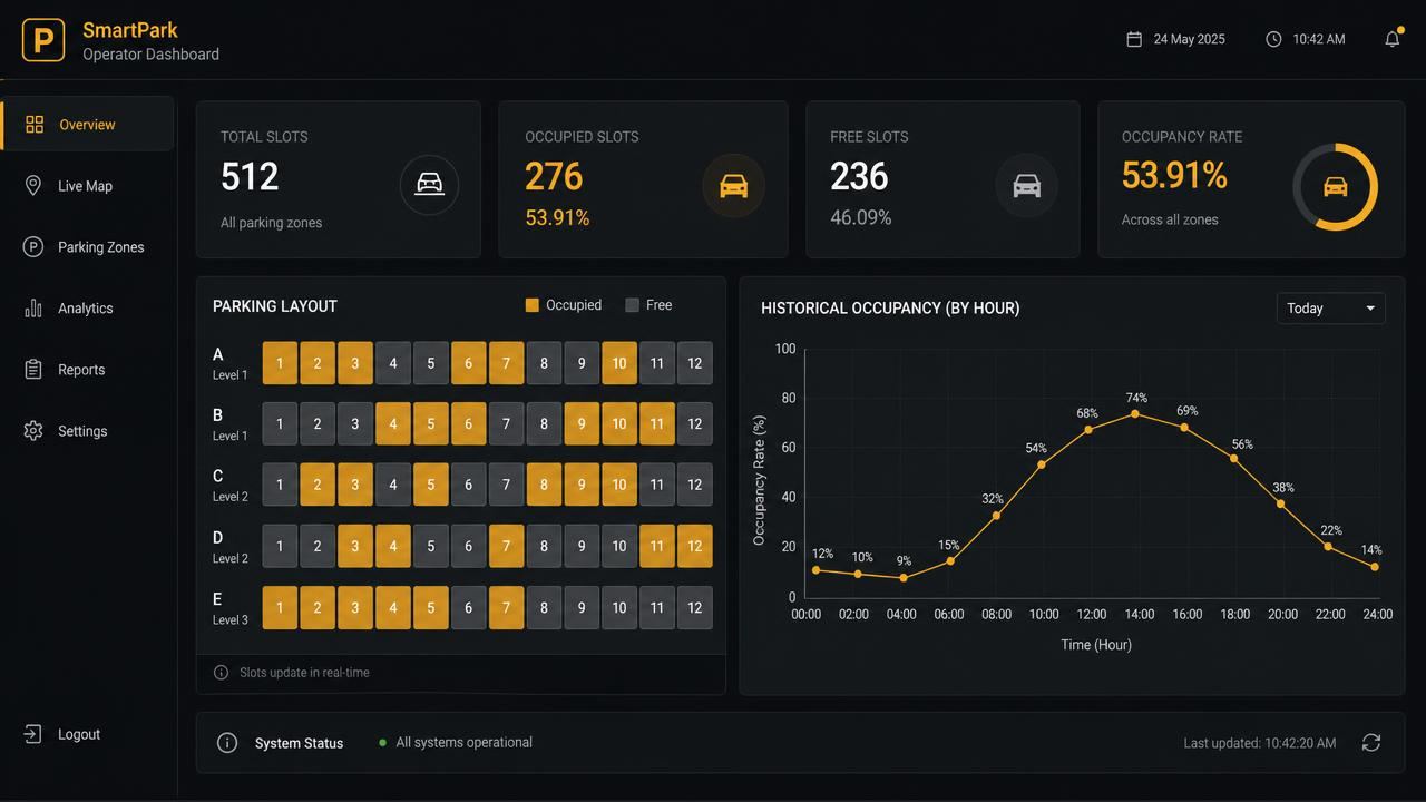 Parking operator dashboard showing total, occupied and free slot counts, a colour-coded slot layout grid and an hourly historical occupancy chart.